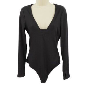 Intimately Free People Womens Large Solid Black Ribbed Long Sleeve Bodysuit